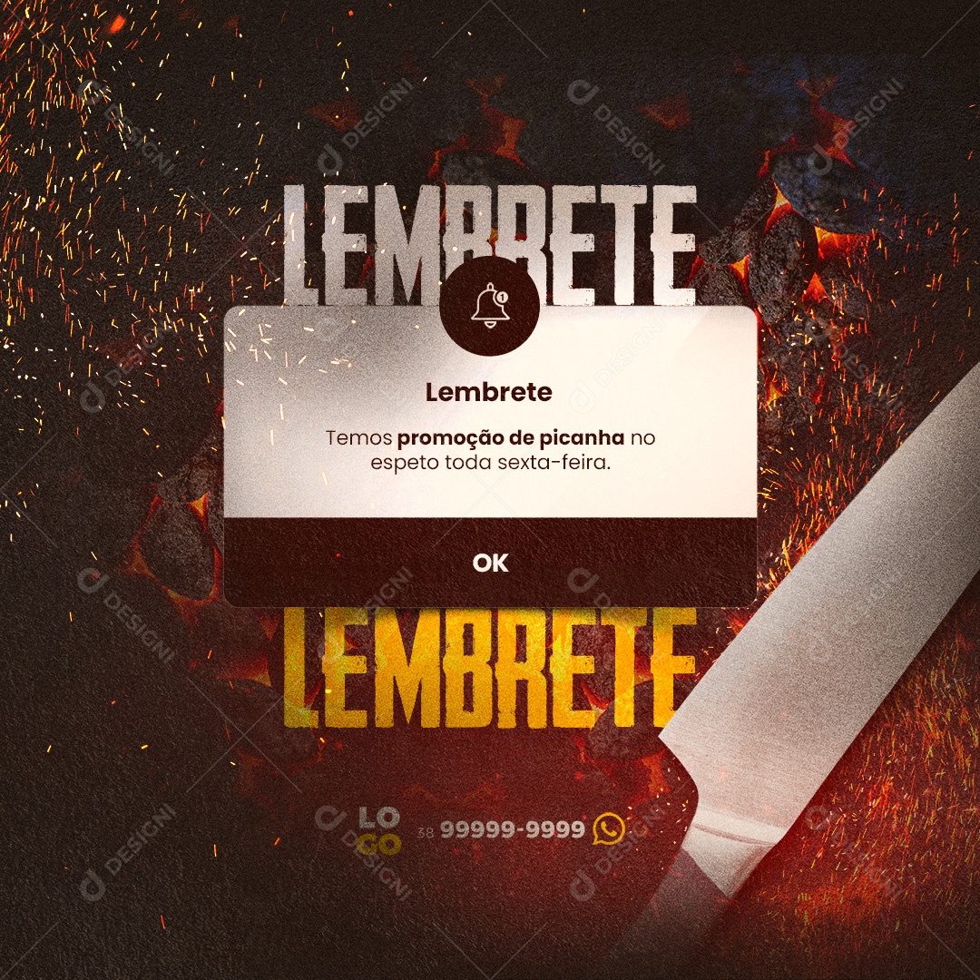 Lembrete Temos Promoção de Picanha no Espeto Churrascaria Social Media PSD Editável