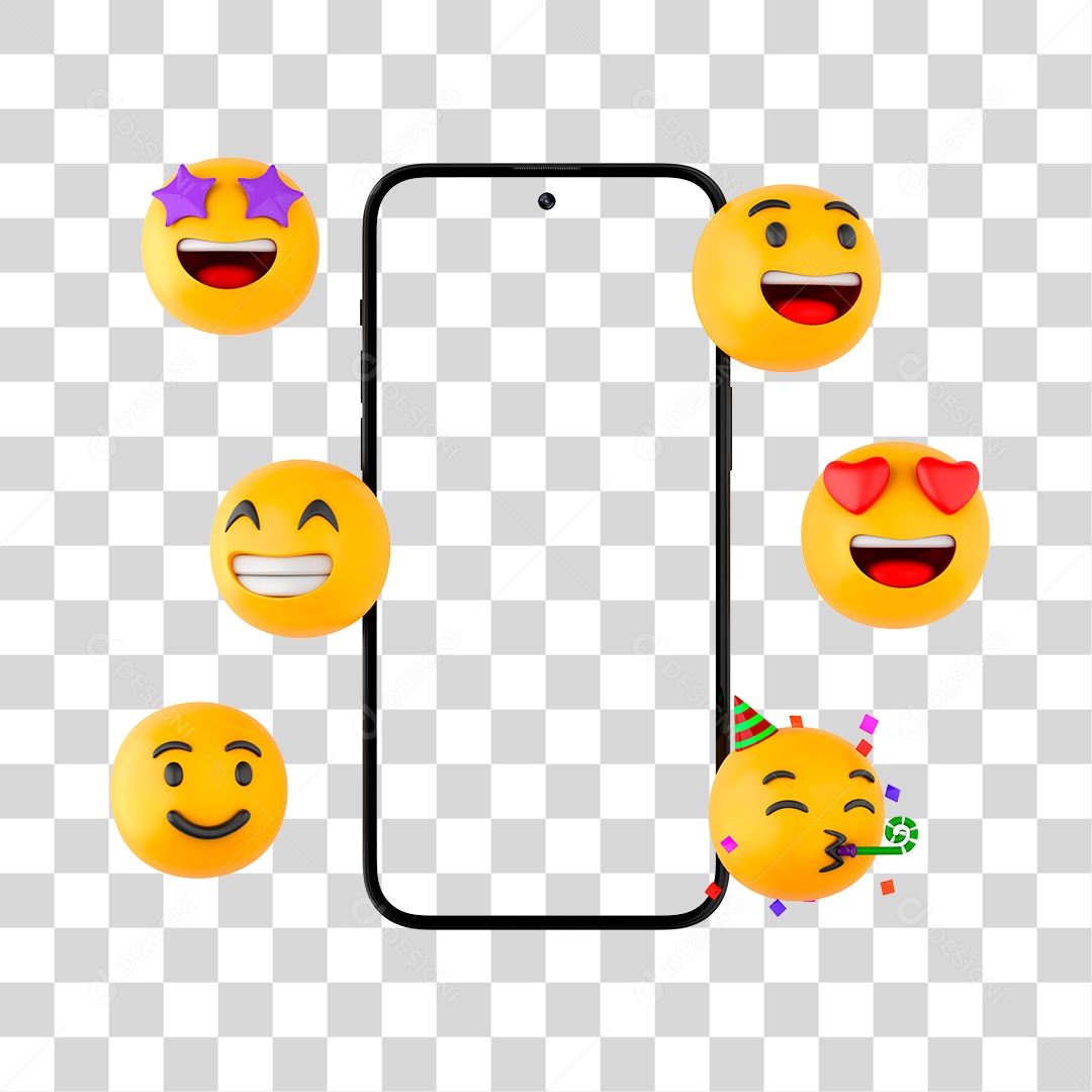 Celular Smartphone e Emojis 3D PNG Sem Fundo Vista Frente