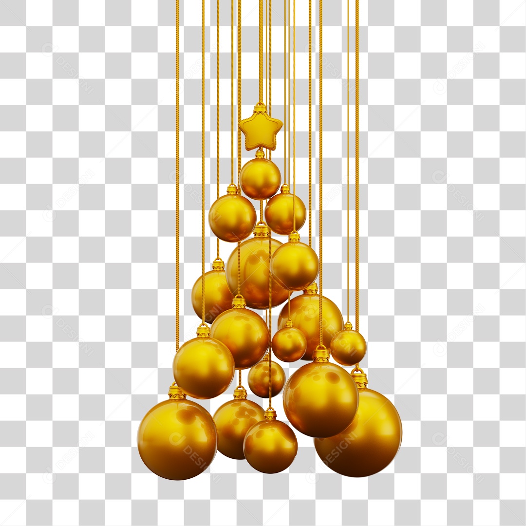 Bolas de Natal Penduradas Por Cordões Dourado Enfeites Natalino Elemento 3D PNG Transparente