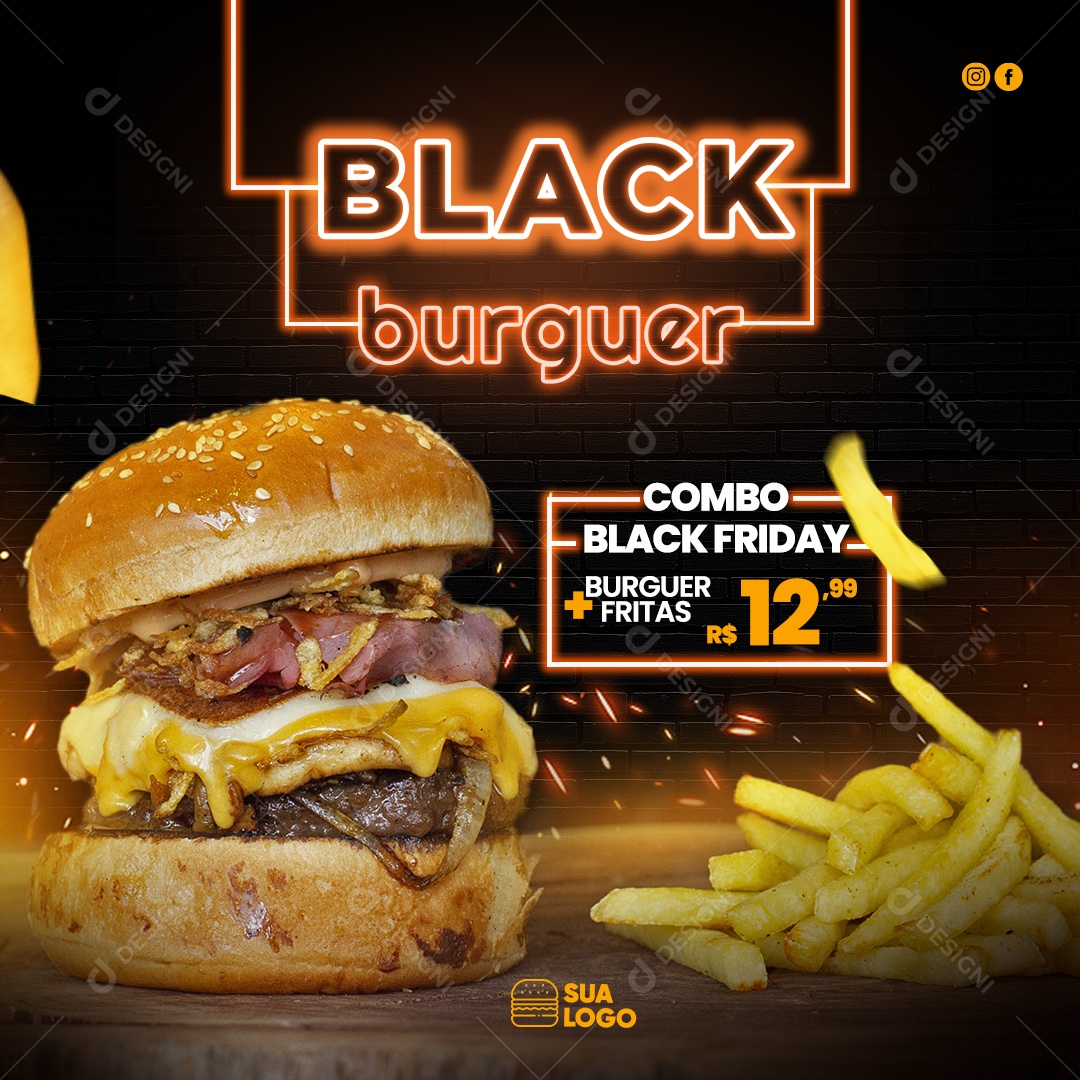 Black Burguer Combo Black Friday Venha Conferir Social Media PSD Editável