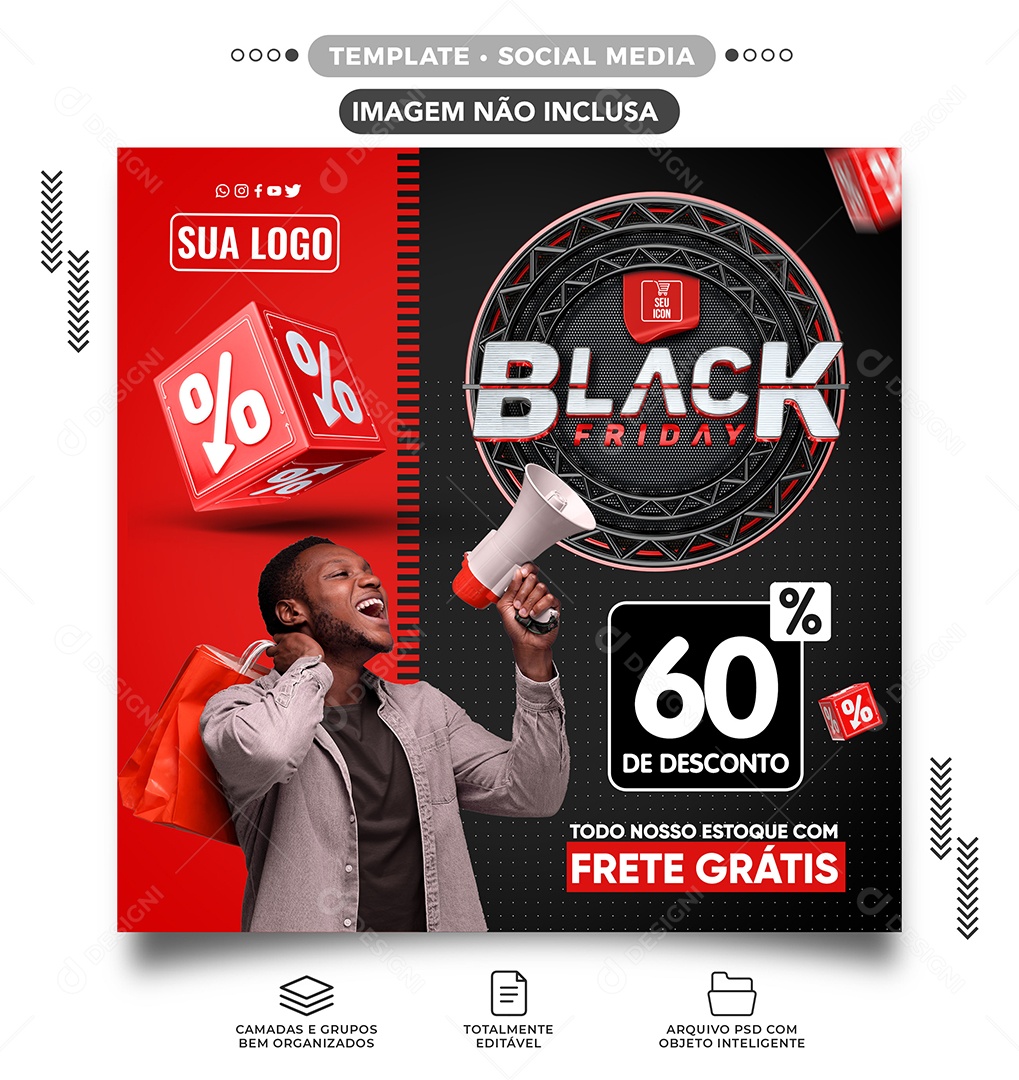 Black Friday 60% de Desconto Lojas Social Media PSD Editável