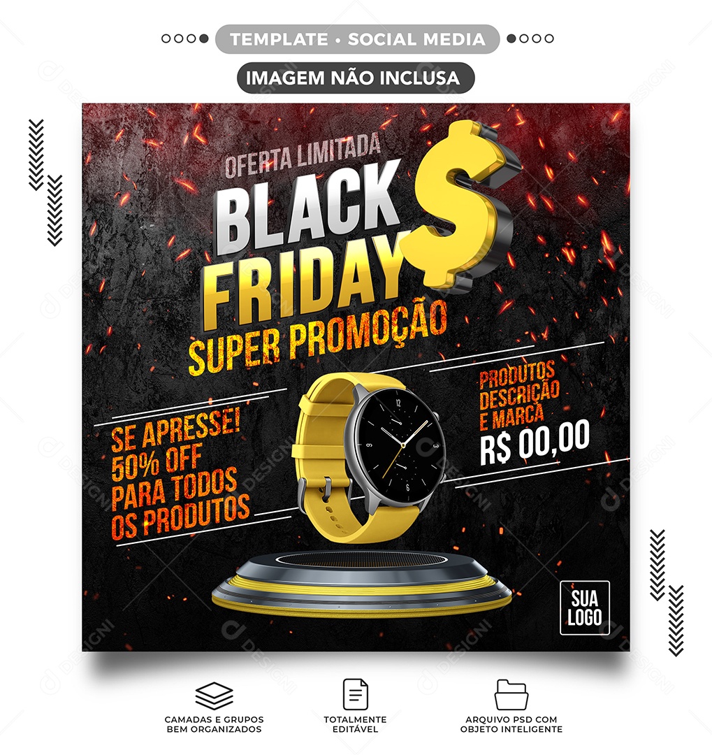 Super Promoção Black Friday Relógio Social Media PSD Editável
