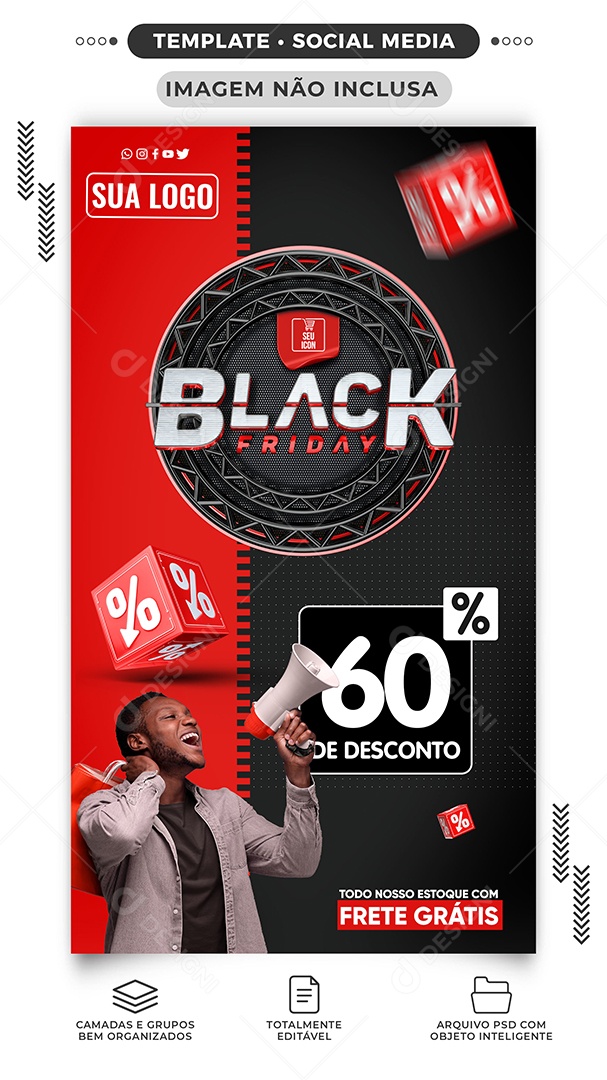 Story Black Friday 60% de Desconto Lojas Social Media PSD Editável