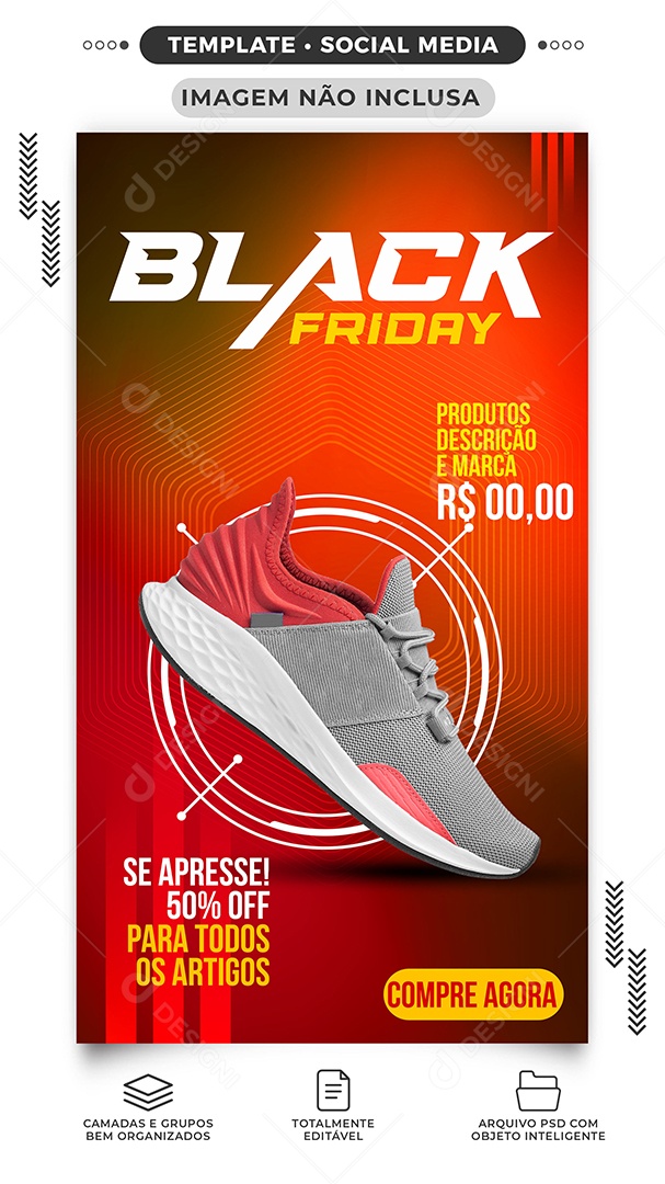 Story Se Apresse 50% Off Para Todos Black Friday Loja de Tênis Social Media PSD Editável