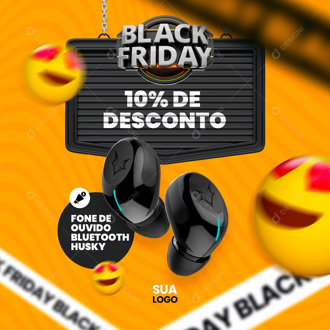 Black Friday 10% de Desconto Fone de Ouvido Bluetooth Lojas Social Media PSD Editável