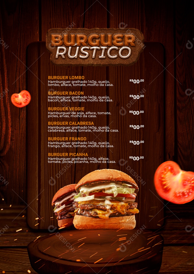 Modelo de Cardápio de Hamburgueria Burguer Rustico PSD Editável