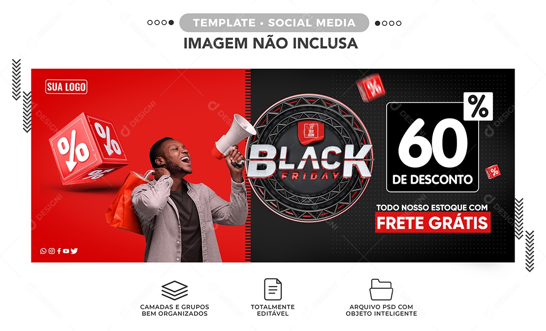 Banner Black Friday 60% de Desconto Lojas Social Media PSD Editável