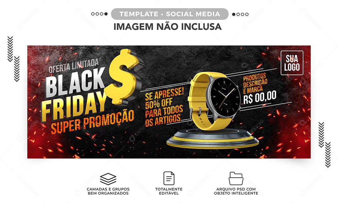 Banner Super Promoção Black Friday Relógio Social Media PSD Editável