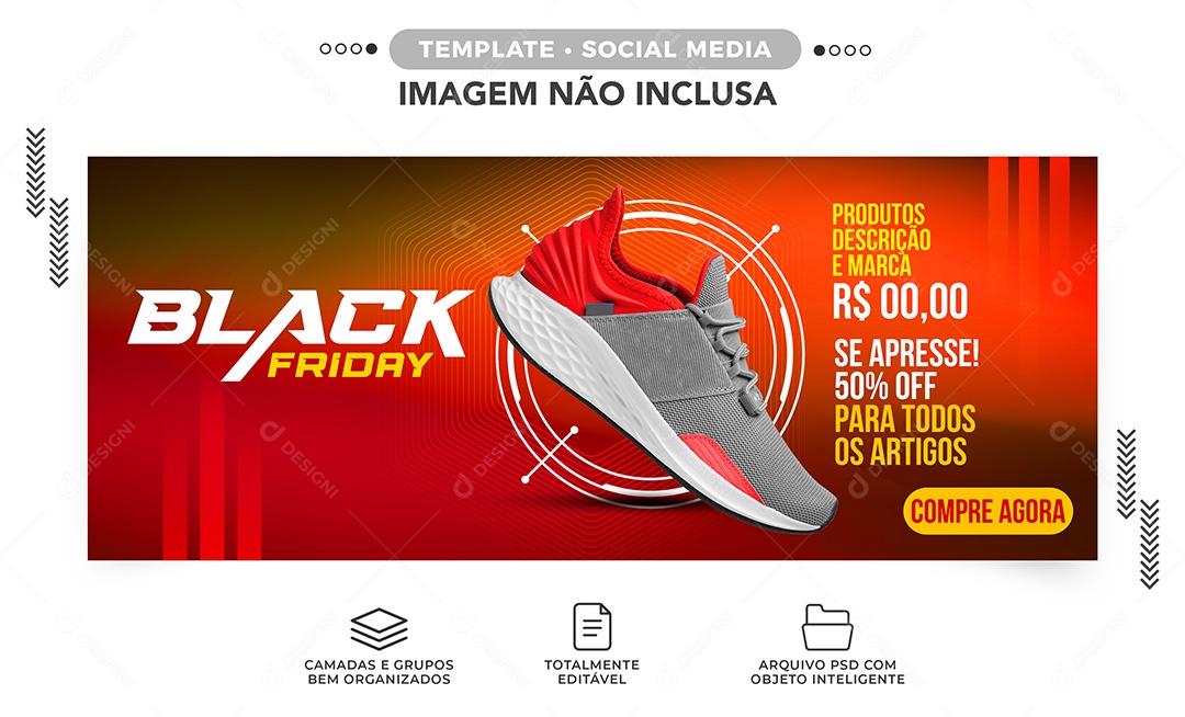 Banner Se Apresse 50% Off Para Todos Black Friday Loja de Tênis Social Media PSD Editável