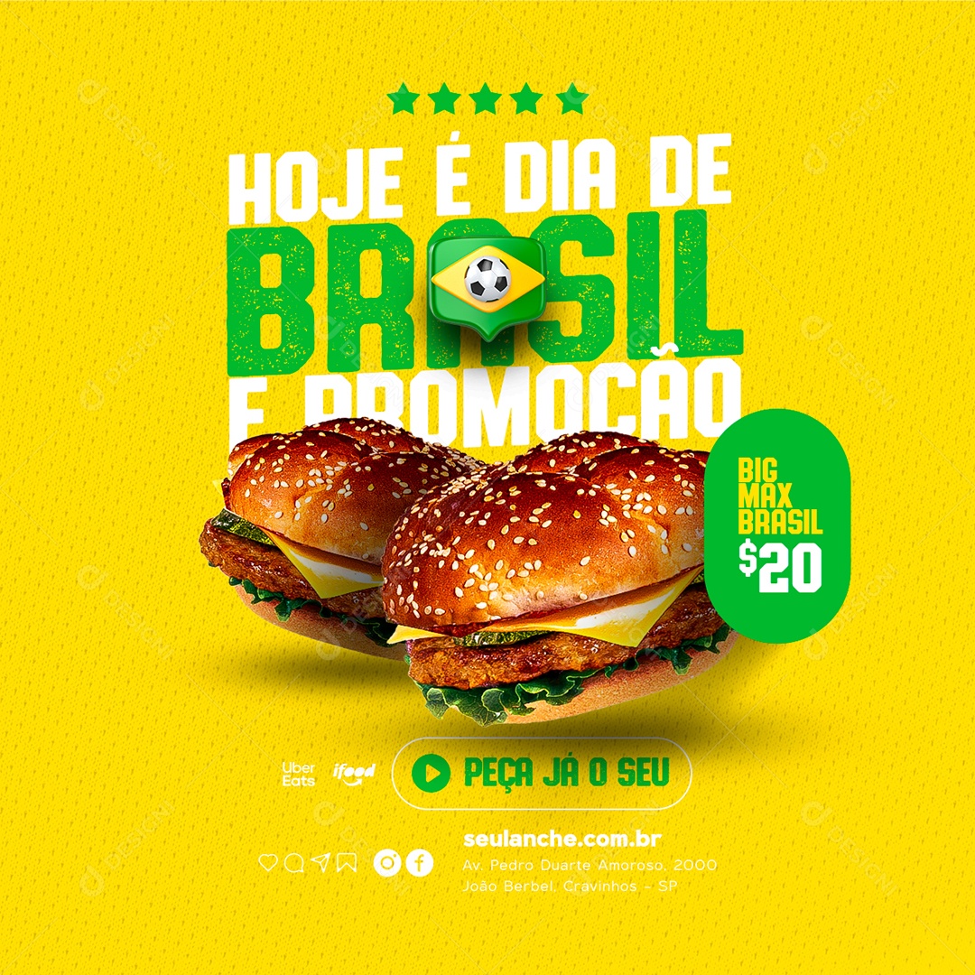 Hoje é Dia de Brasil e Promoção Lanchonete Copa do Mundo Social Media PSD Editável