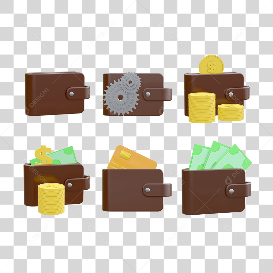 Conjunto de Carteira 3D Elemento 3D PSD + PNG