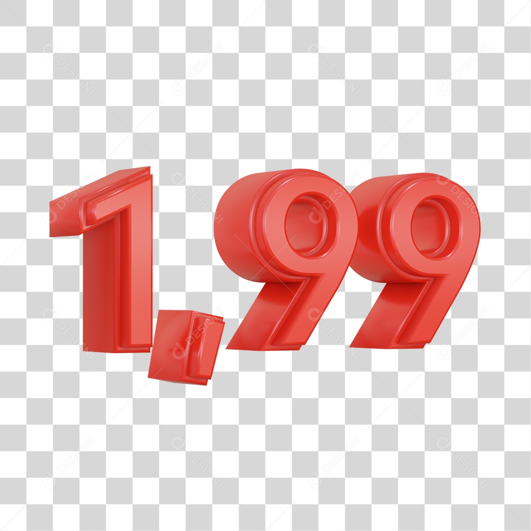 Número 3D Vermelho 1,99 Para Composição PSD + PNG