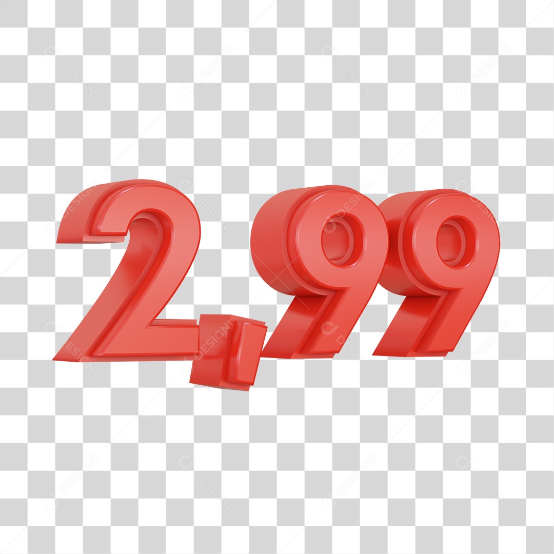 Número 3D Vermelho 2,99 Para Composição PSD + PNG