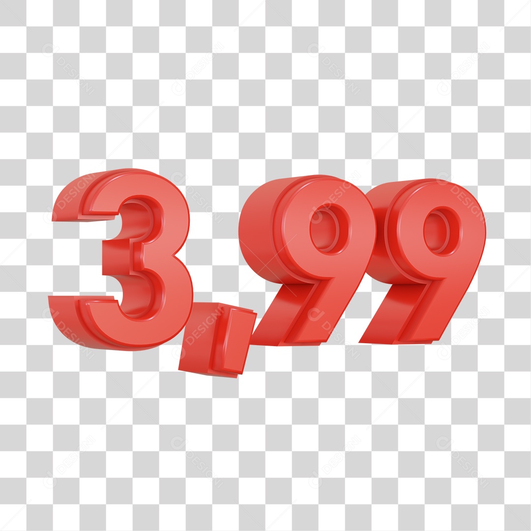 Número 3D Vermelho 3,99 Para Composição PSD + PNG