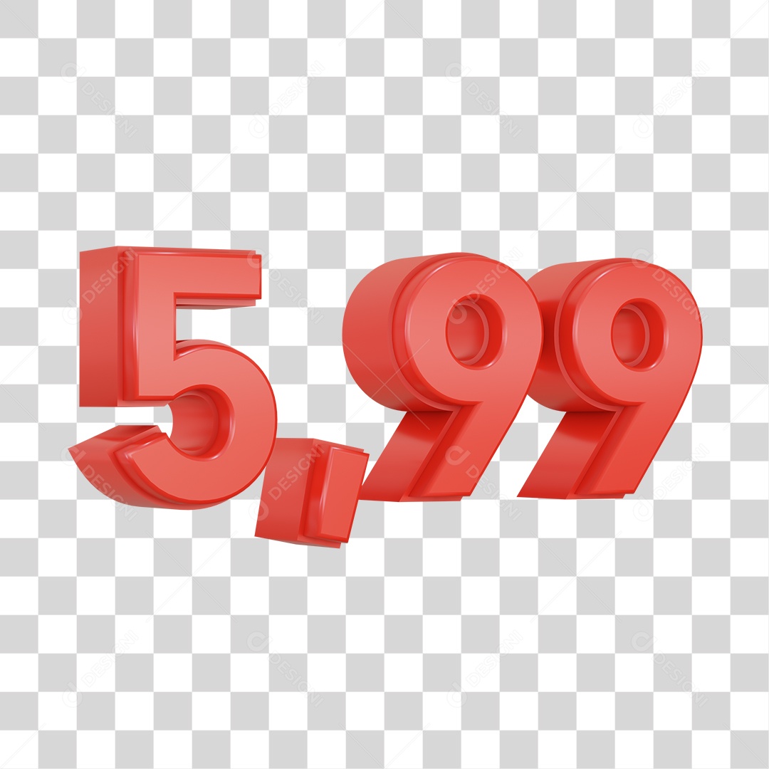 Número 3D Vermelho 5,99 Para Composição PSD + PNG