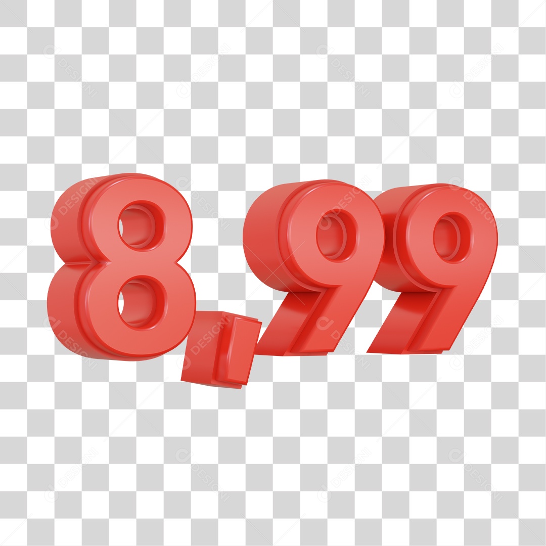 Número 3D Vermelho 8,99 Para Composição PSD + PNG