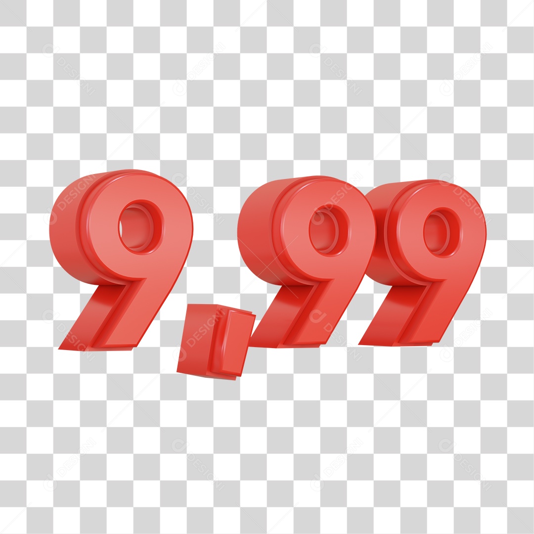 Número 3D Vermelho 9,99 Para Composição PSD + PNG