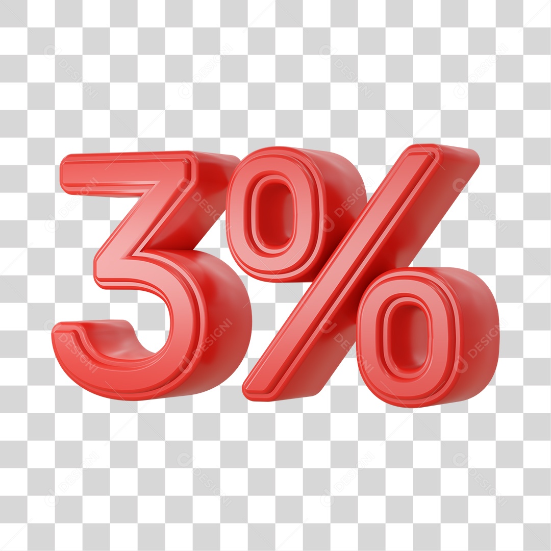 Número 3D Vermelho 3% Desconto PSD + PNG Transparente