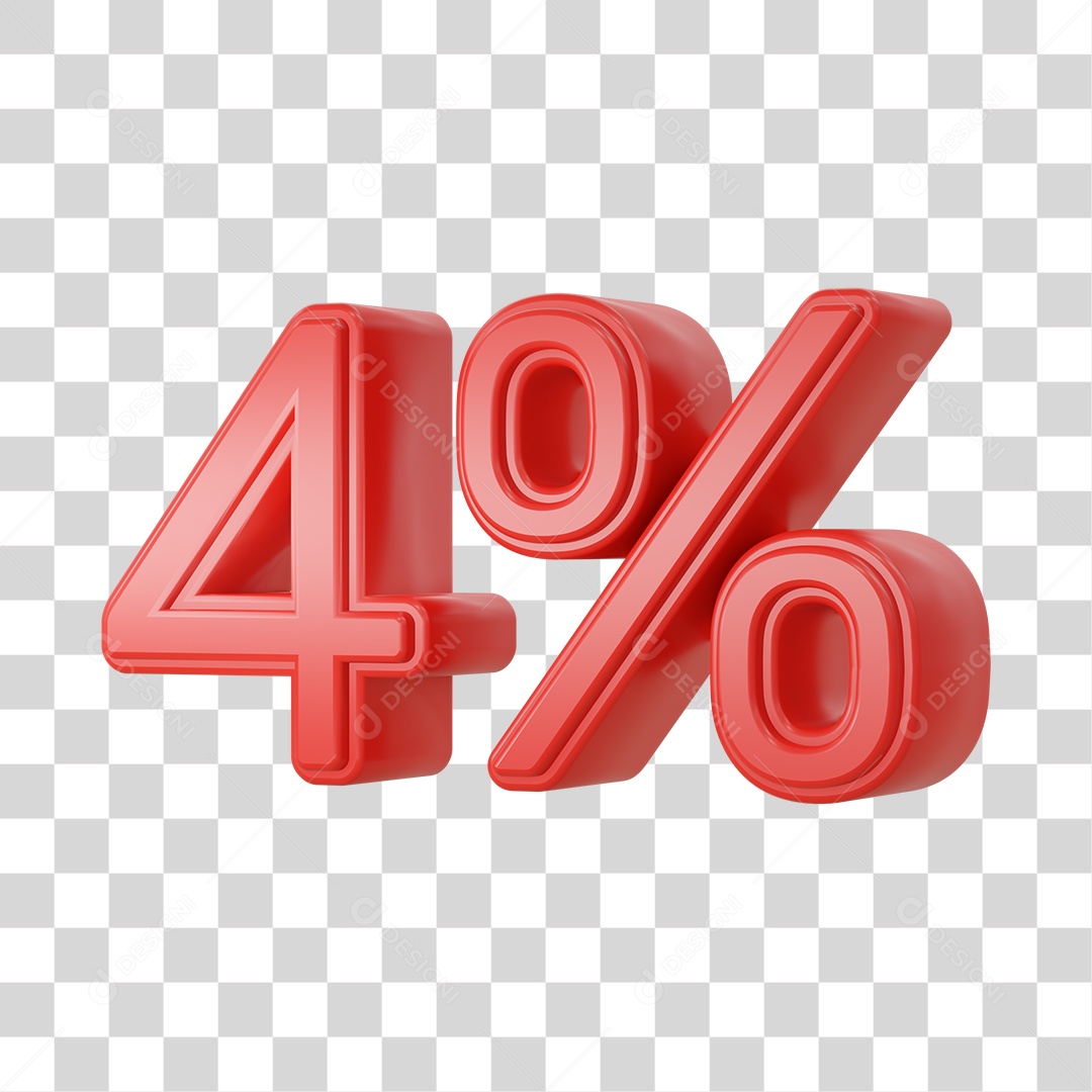 Número 3D Vermelho 4% Desconto PSD + PNG Transparente