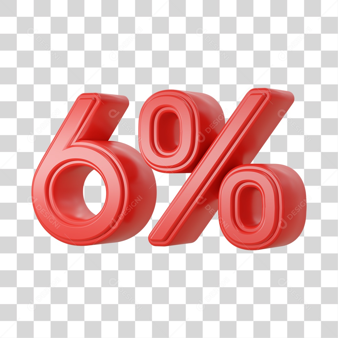 Número 3D Vermelho 6% Desconto PSD + PNG Transparente