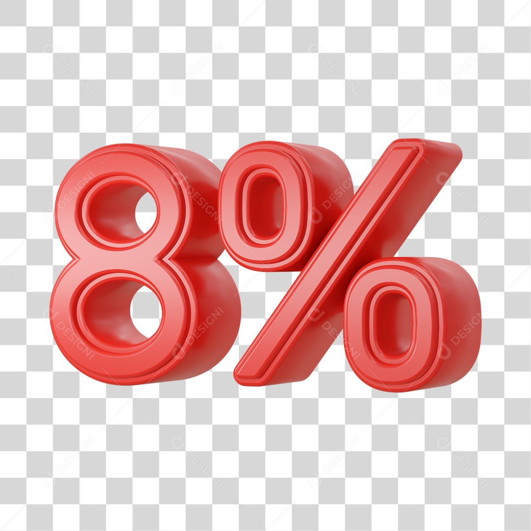 Número 3D Vermelho 8% Desconto PSD + PNG Transparente