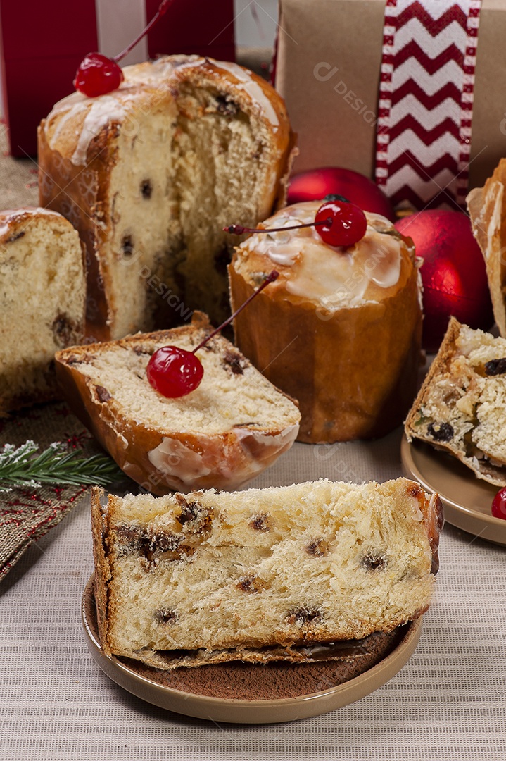 Delicious Christmas dessert, mini panettone and homemade chocolate