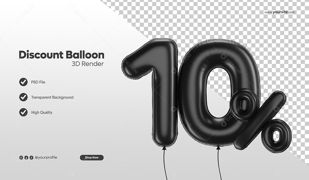 Balão de Desconto Número 3D 10% Por Cento Preto Elemento Para Composição PSD