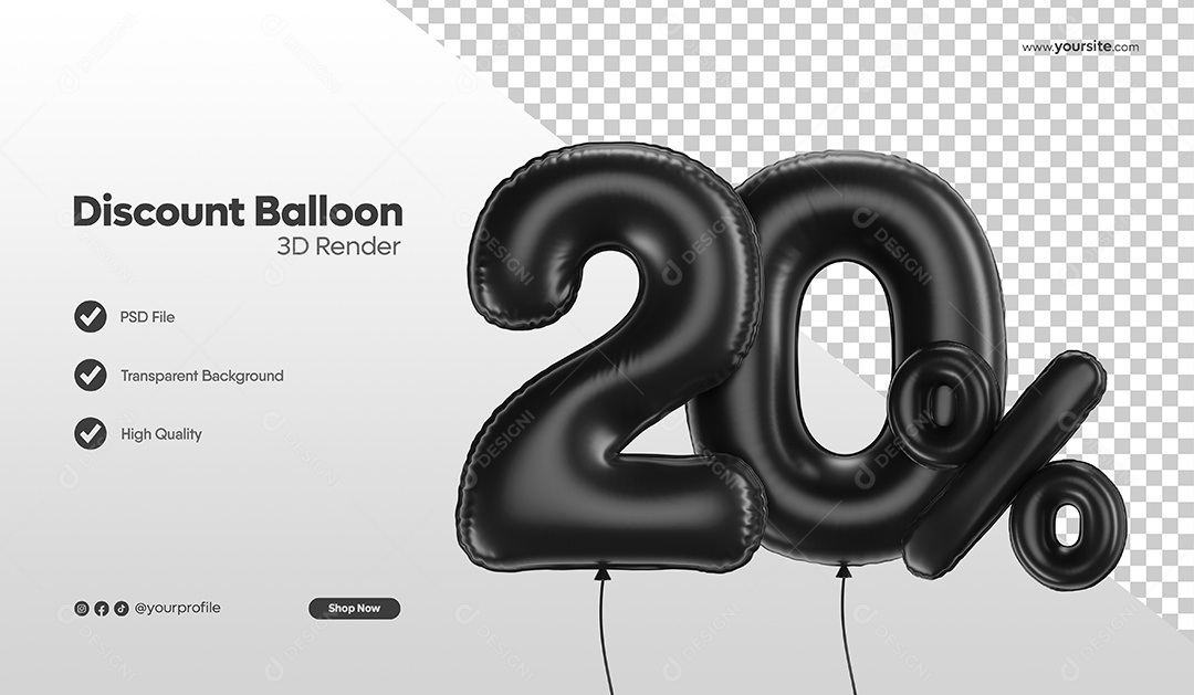 Balão de Desconto Número 3D 20% Por Cento Preto Elemento Para Composição PSD