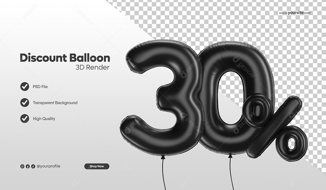 Balão de Desconto Número 3D 30% Por Cento Preto Elemento Para Composição PSD