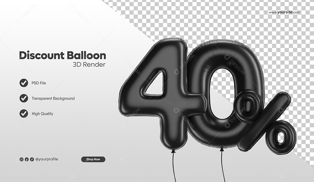 Balão de Desconto Número 3D 40% Por Cento Preto Elemento Para Composição PSD