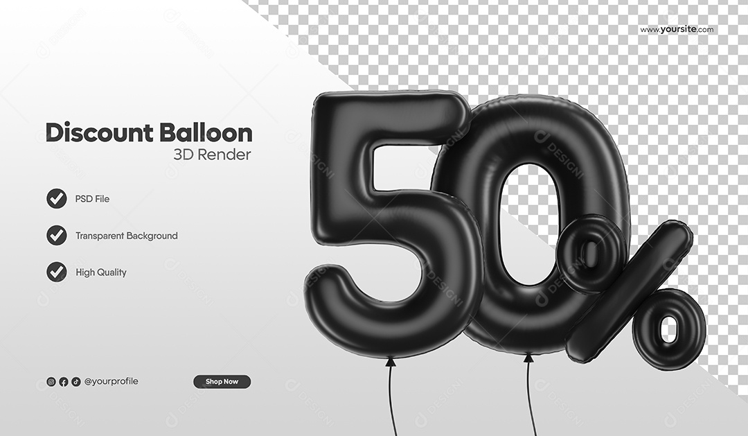 Balão de Desconto Número 3D 50% Por Cento Preto Elemento Para Composição PSD