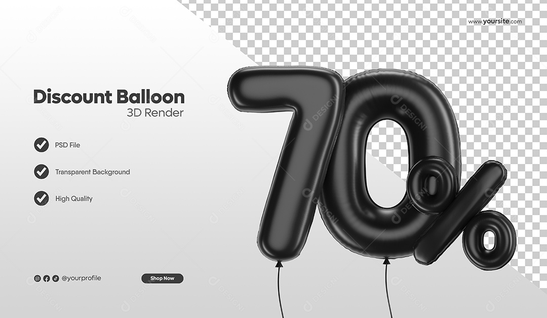 Balão de Desconto Número 3D 70% Por Cento Preto Elemento Para Composição PSD