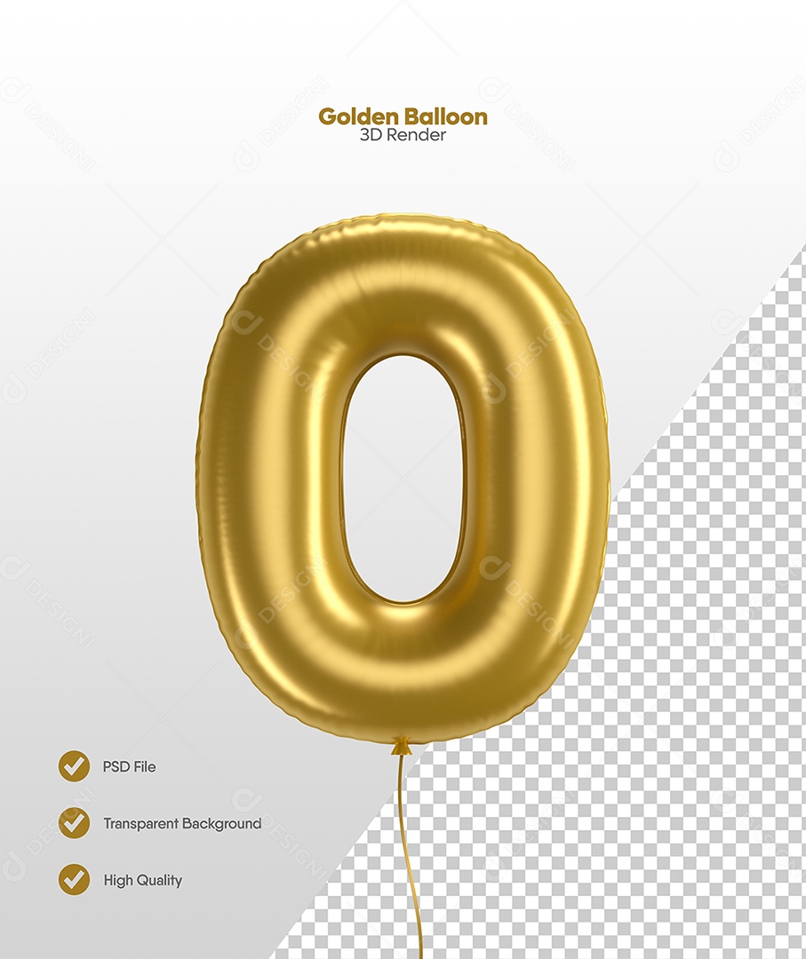 Número 0 Balão Dourado Elemento 3D Para Composição PSD