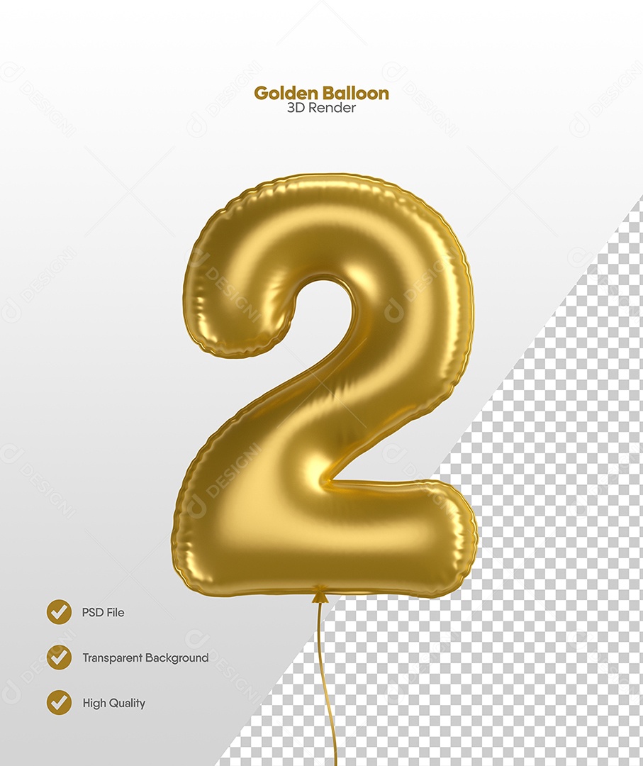 Número 2 Balão Dourado Elemento 3D Para Composição PSD