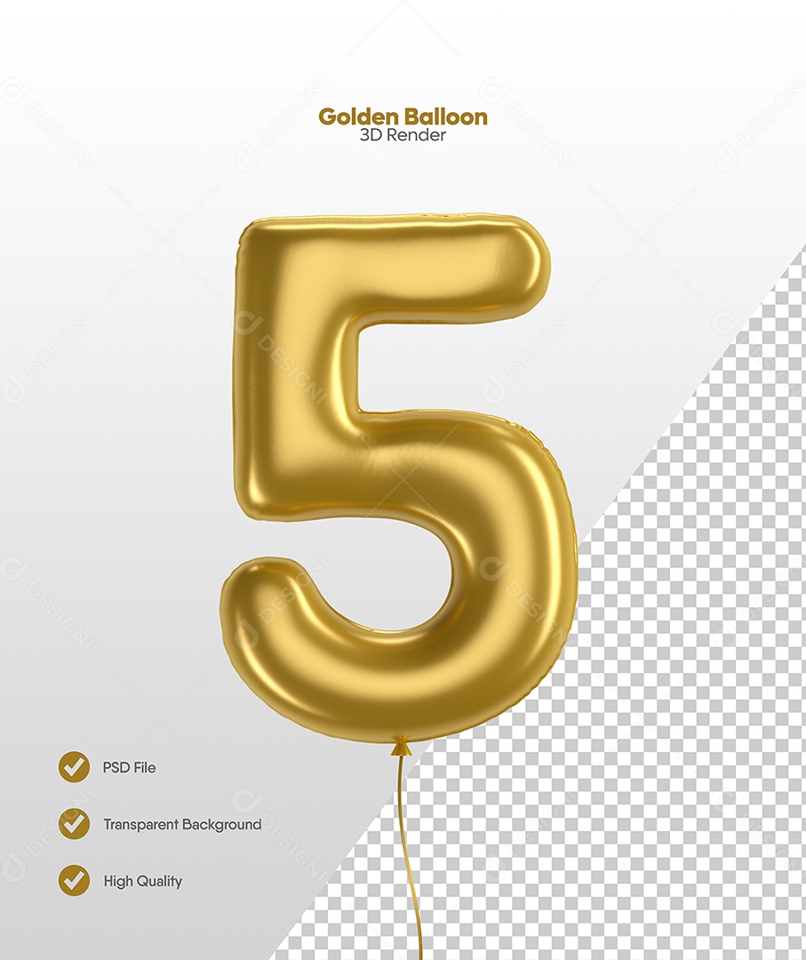Número 5 Balão Dourado Elemento 3D Para Composição PSD