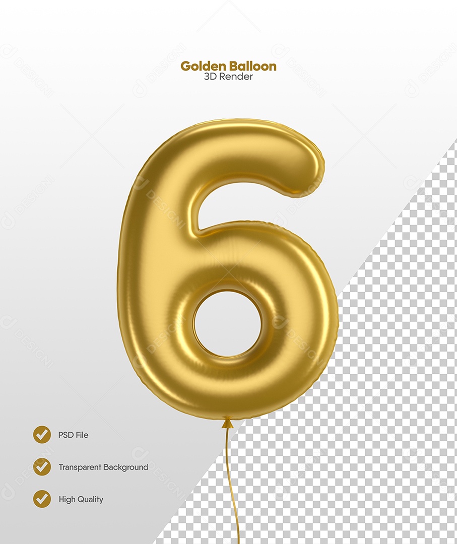 Número 6 Balão Dourado Elemento 3D Para Composição PSD