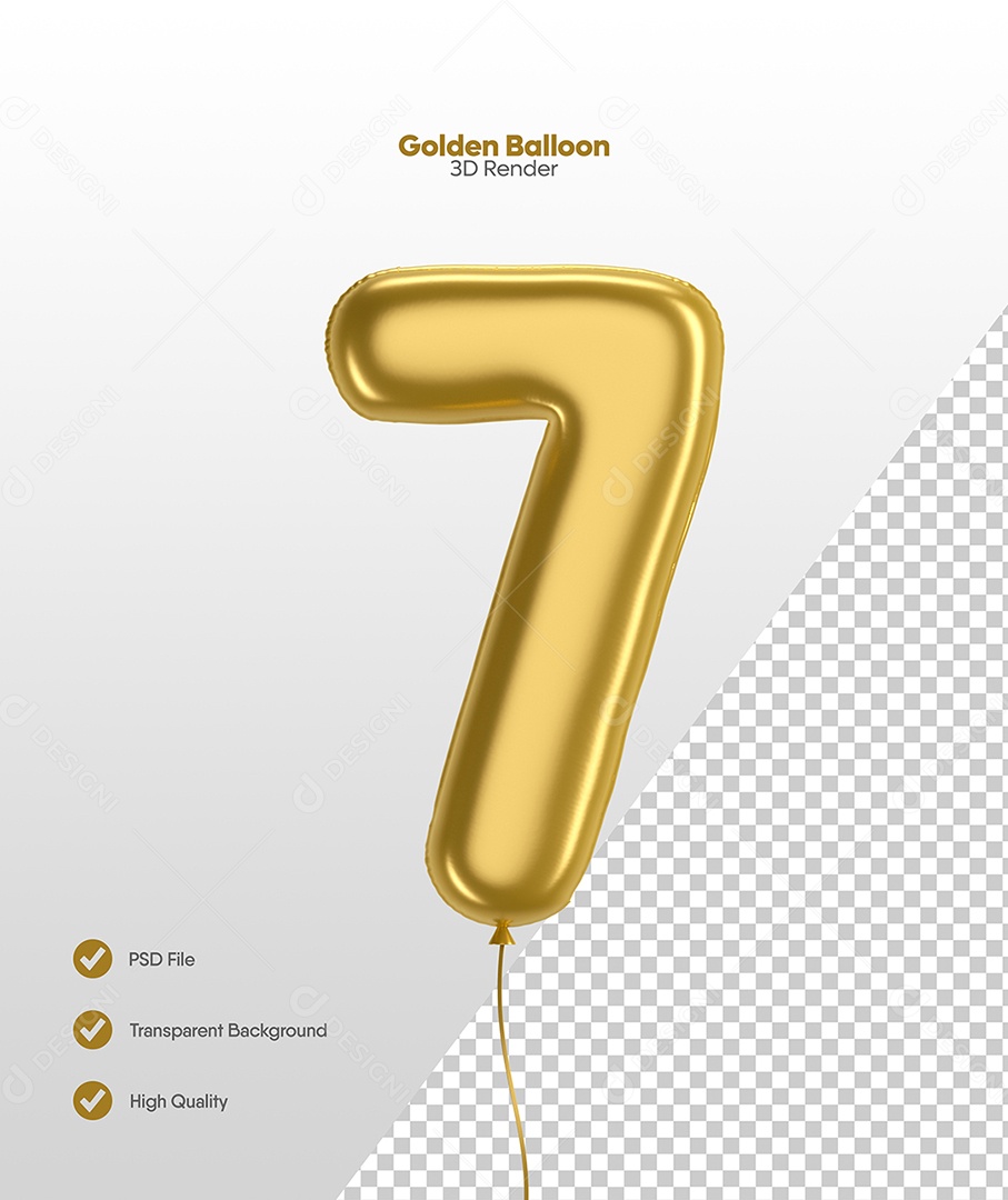 Número 7 Balão Dourado Elemento 3D Para Composição PSD