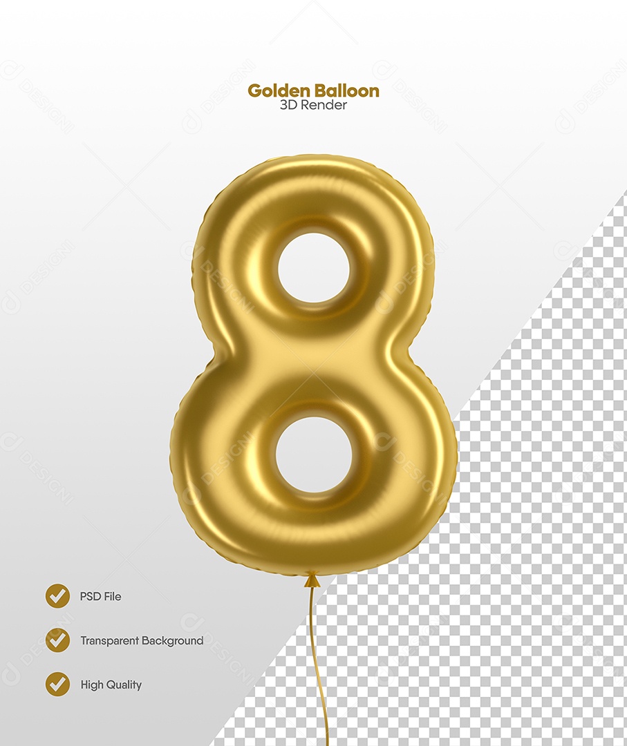 Número 8 Balão Dourado Elemento 3D Para Composição PSD