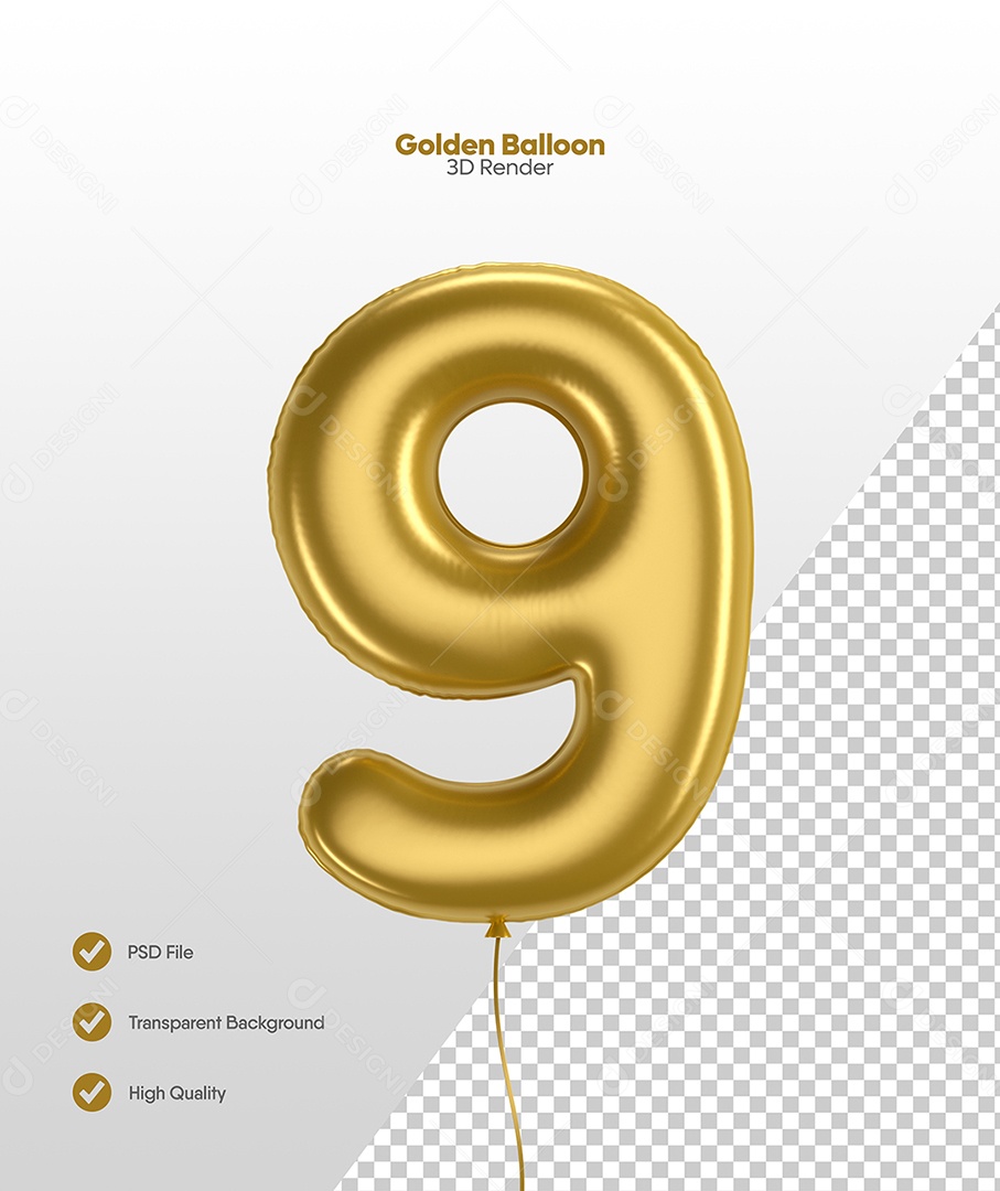 Número 9 Balão Dourado Elemento 3D Para Composição PSD
