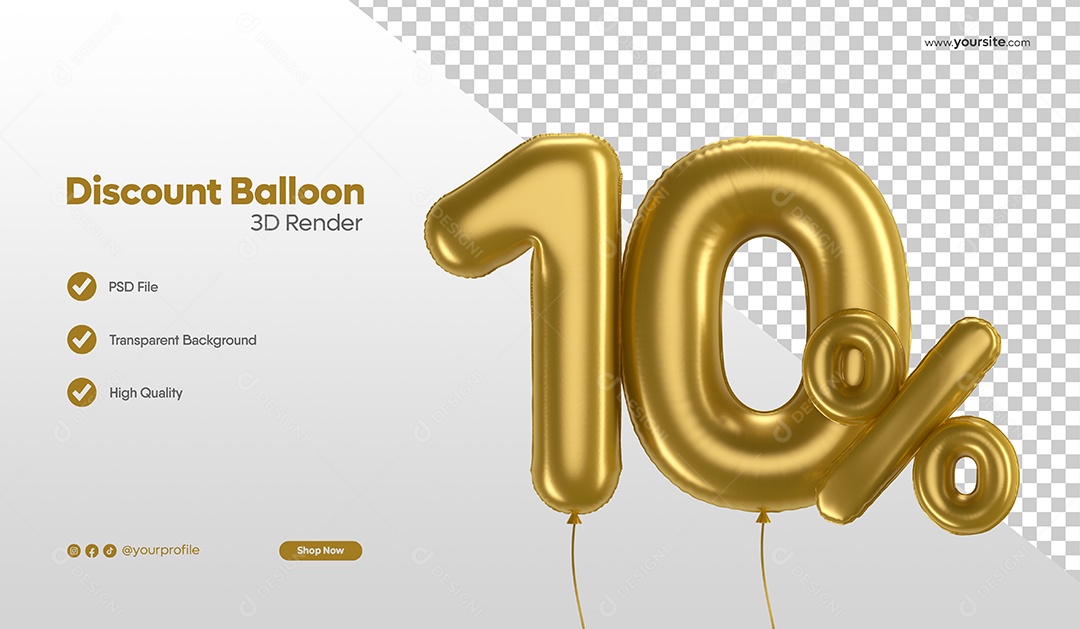 Balão de Desconto Número 3D 10% Por Cento Dourado Elemento Para Composição PSD