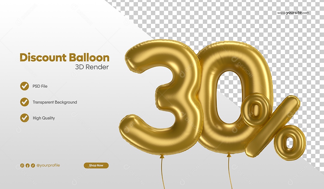 Balão de Desconto Número 3D 30% Por Cento Dourado Elemento Para Composição PSD