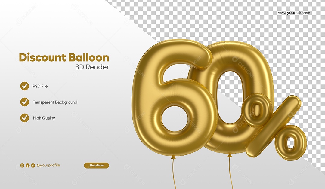 Balão de Desconto Número 3D 60% Por Cento Dourado Elemento Para Composição PSD