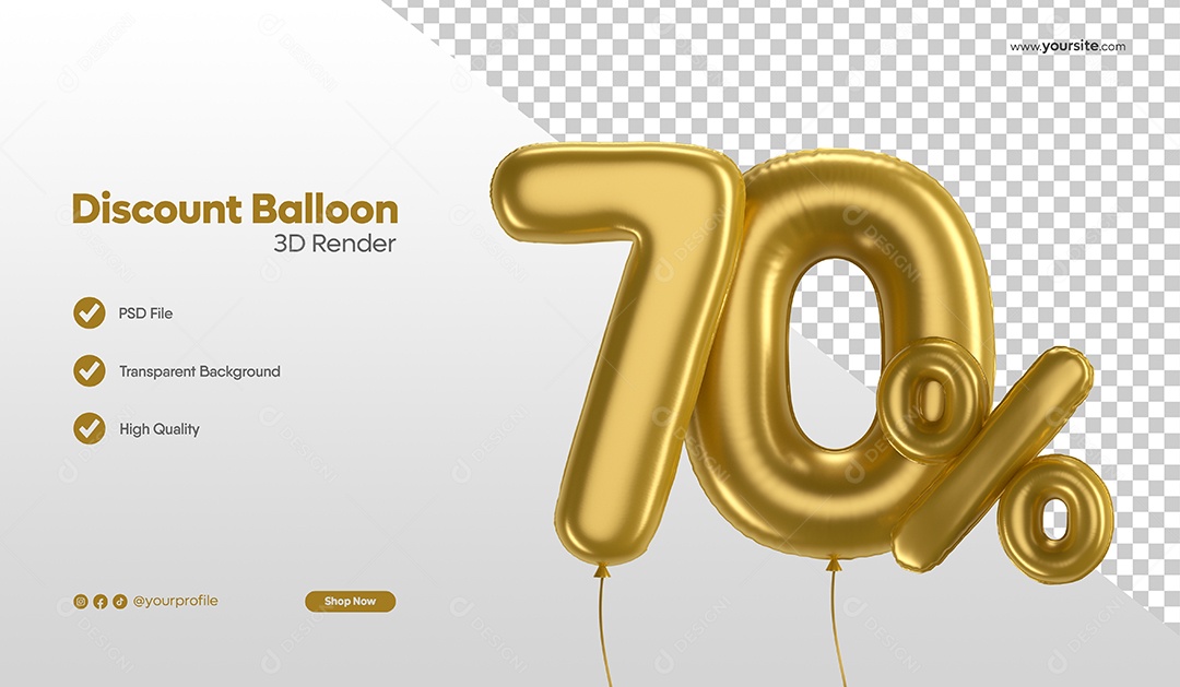 Balão de Desconto Número 3D 70% Por Cento Dourado Elemento Para Composição PSD