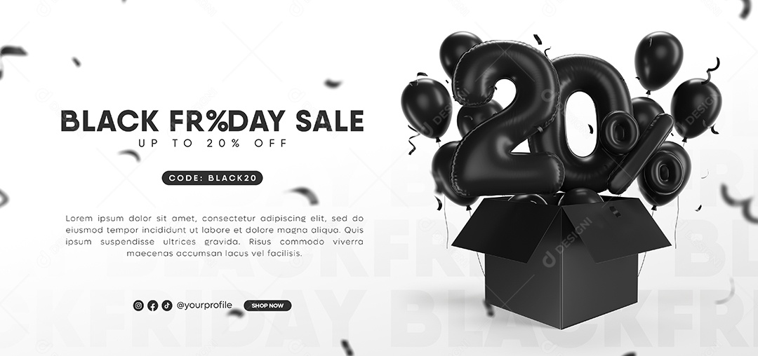 Balão de Desconto para Black Friday Número 3D 20% Por Cento Preto Elemento PSD