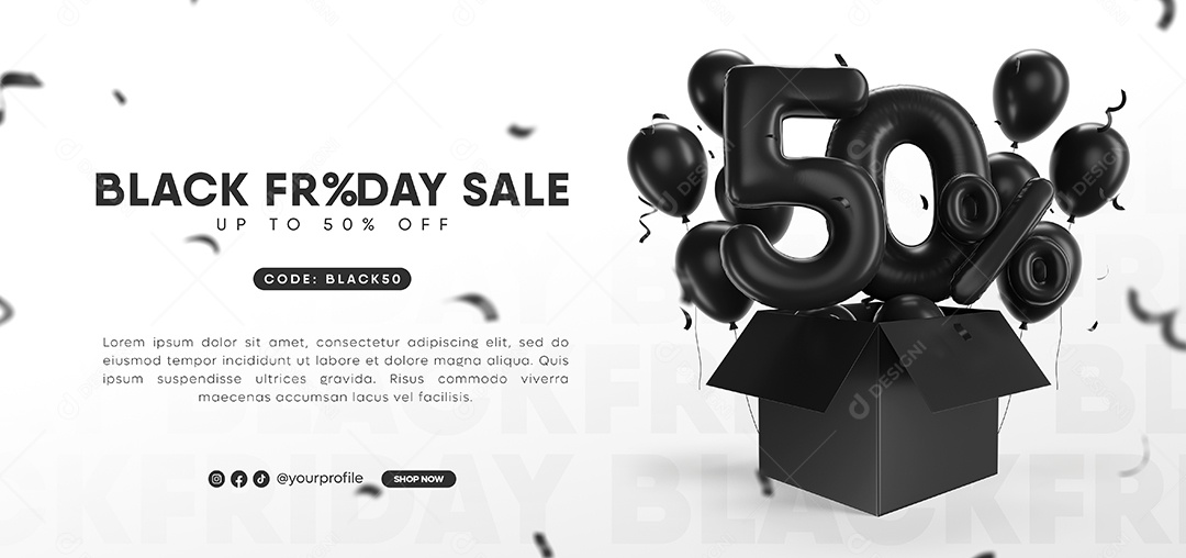 Balão de Desconto para Black Friday Número 3D 50% Por Cento Preto Elemento PSD