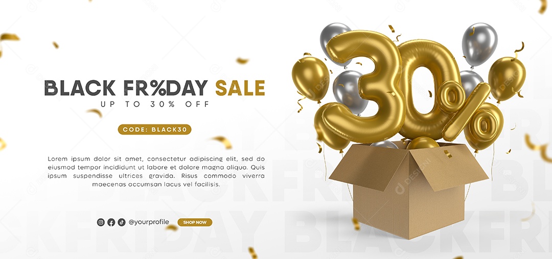 Balão de Desconto para Black Friday Número 3D 30% Por Cento Dourado Elemento PSD