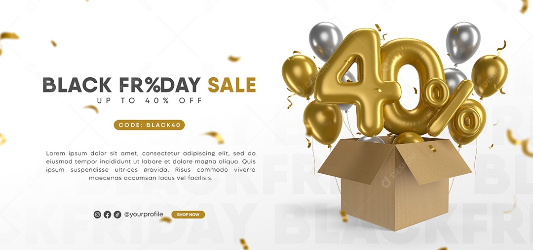 Balão de Desconto para Black Friday Número 3D 40% Por Cento Dourado Elemento PSD