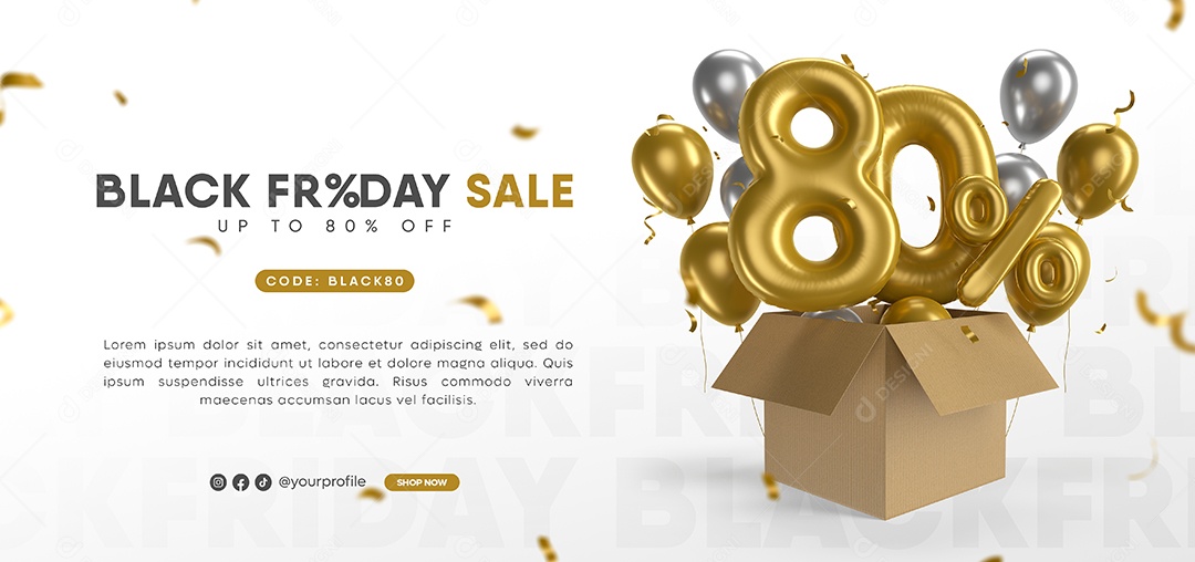 Balão de Desconto para Black Friday Número 3D 80% Por Cento Dourado Elemento PSD