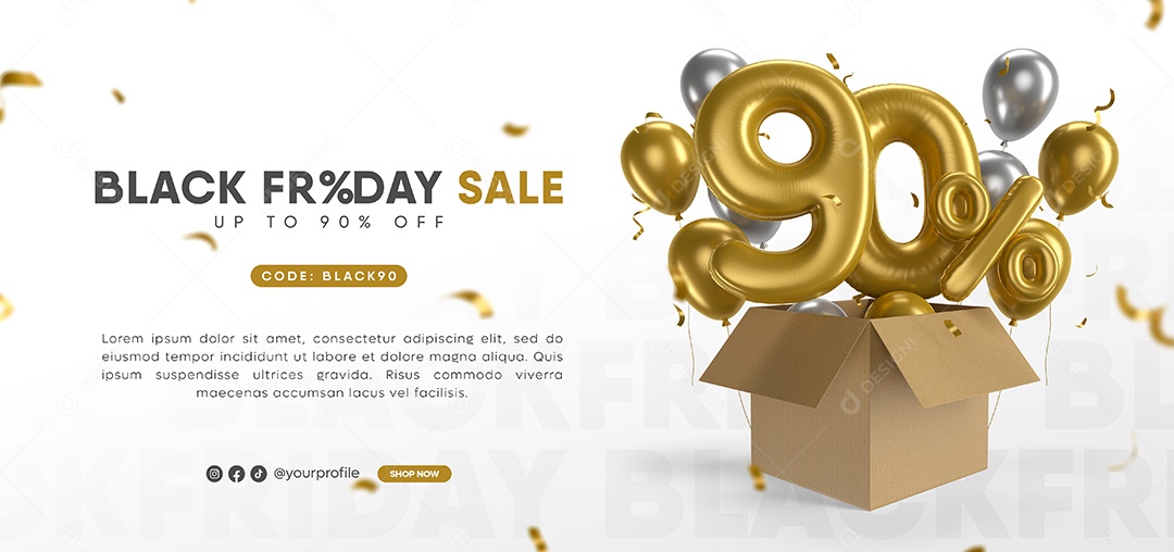 Balão de Desconto para Black Friday Número 3D 90% Por Cento Dourado Elemento PSD
