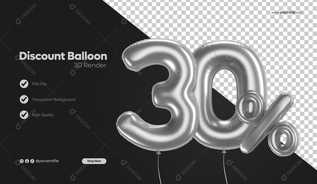 Balão de Desconto Número 3D 30% Por Cento Cinza Elemento Para Composição PSD